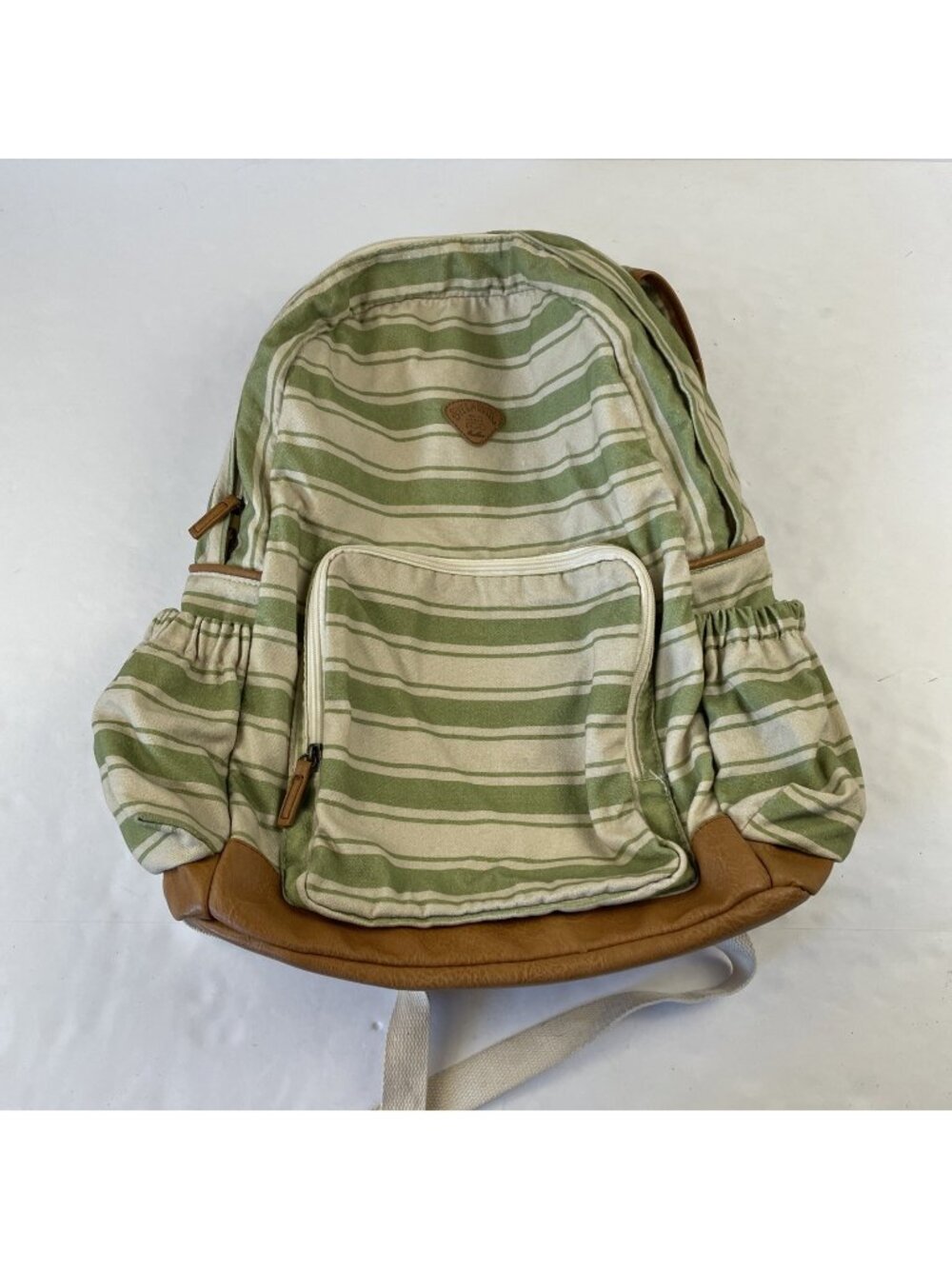 Billabong Striped Canvas Backpack Faux Leather Bottom Sage Cream Side Pockets